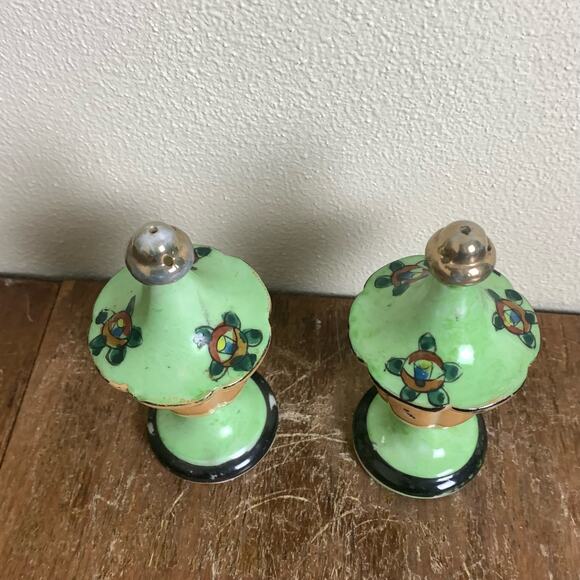 VTG Salt and Pepper Green‎ Orange 1930s Lusterware hand painted Floral Japan - Picture 5 of 9